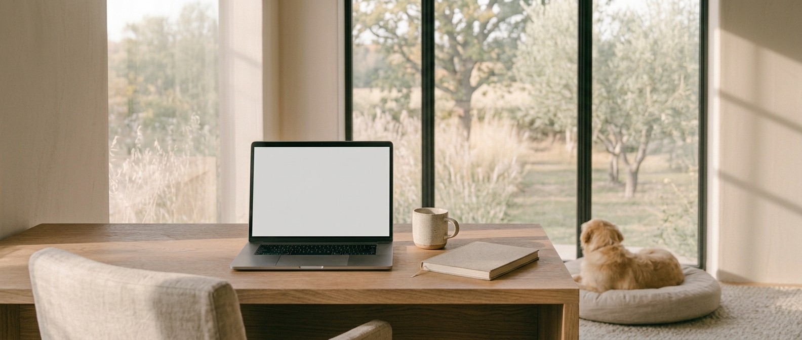 A desk by a window, a laptop open, morning light