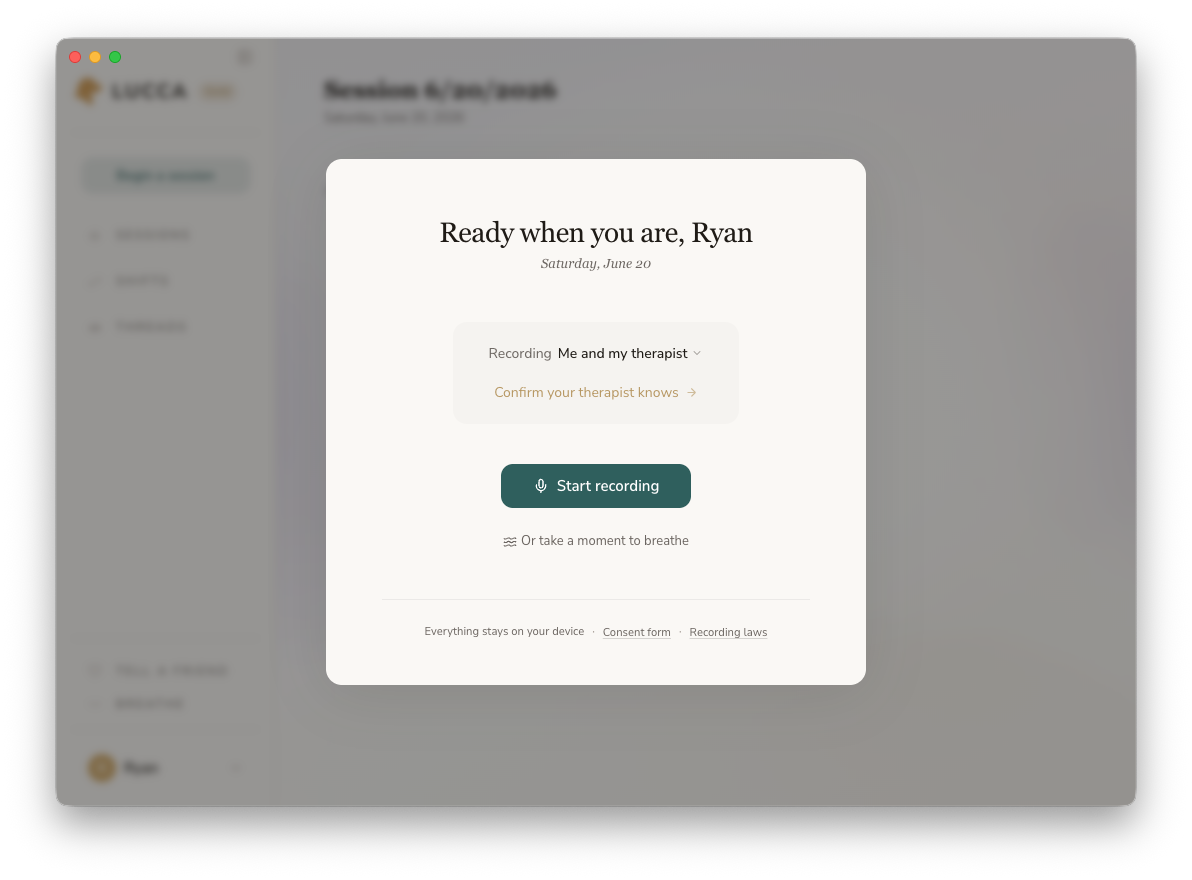 Lucca’s “Ready when you are” screen, with a Start recording button and a reminder to confirm your therapist knows